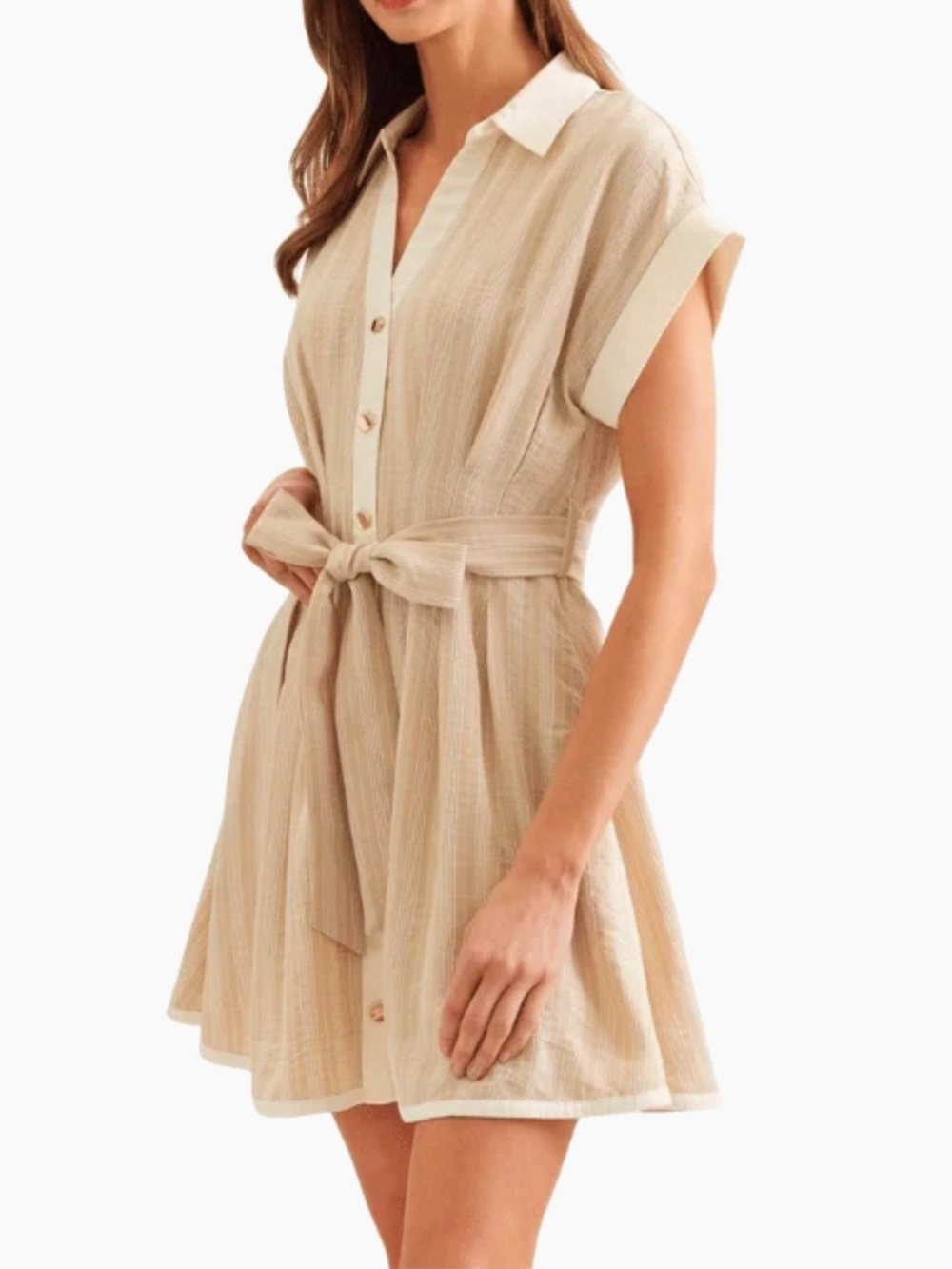 Entro Khaki Pinstriped Dolman Sleeve Pintuck Waist Dress Pockets Belt Large NWT